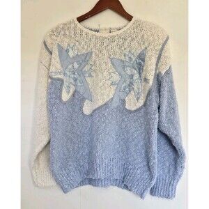 Vtg Needles & Yarn Sweater Womens M Blue Floral Cottagecore Grandma Heritage